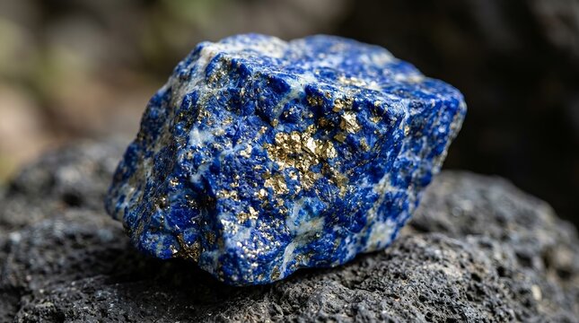 Vivid blue lapis lazuli mineral stone with golden pyrite inclusions on rock.
