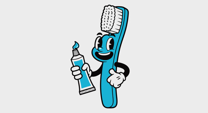Cartoon hand holding a tube of blue toothpaste for daily oral hygiene care