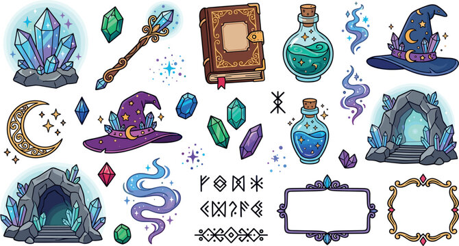 Cute magical wizard witch sticker vector set with magic potion bottles crystals spell books wands portals and celestial hats.
