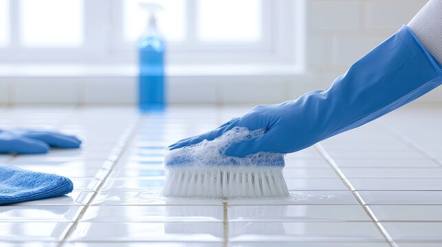 Blue gloved hand scrubs tiled surface with soapy brush