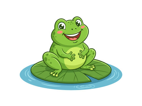cute cartoon green frog sitting on a lily pad smiling happily.
