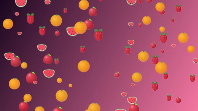 Colorful 2D Animated Fruit Pattern Falling Against a Gradient Background