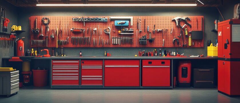 Organized modern garage workshop with red metal cabinets, pegboard tool storage, and large workspace workbench