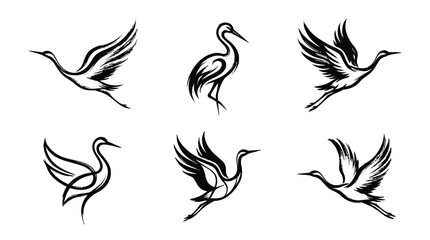 Fototapeta premium Black brush stroke crane illustrations in various poses on white background