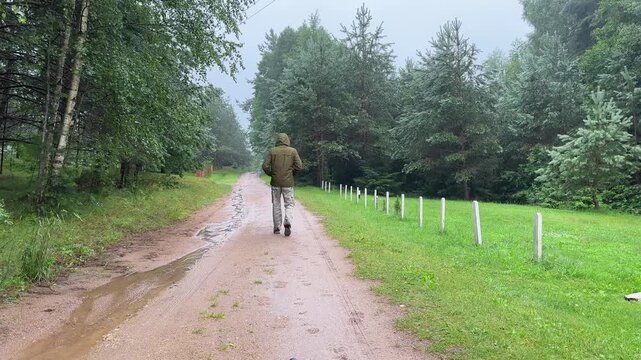 Man walking slowly along a muddy country road. Puddles dot the sandy path through forest and fields in rain. Slow motion scene of a quiet rural summer walk..