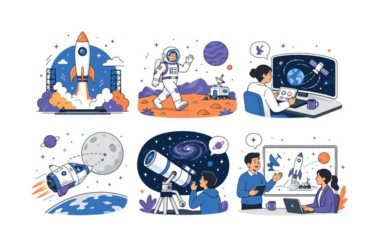 Space Exploration Mission ? colorful editorial illustration set with exactly 6 separate mini scenes arranged in a 3x2 grid: rocket launch, astronaut walking on a planet, scientist monitoring an orbit,