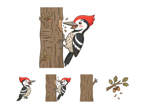 cute cartoon woodpecker illustration set with birds trees and acorns.