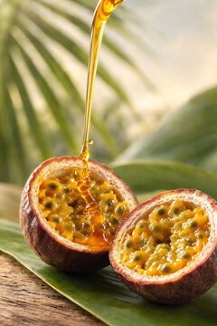 Golden nectar drizzling over freshly halved tropical passion fruit close