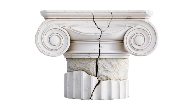 Cracked white Ionic column capital and broken stone base