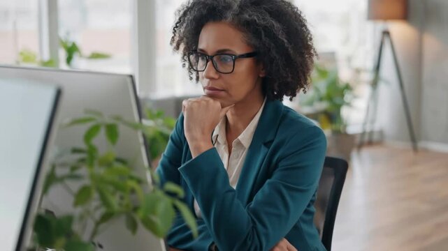 Computer, solution and web development with happy woman software engineer in office for coding or programming. PC, reading and typing with smile of mature female employee in workplace
