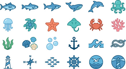 Sea life and marine navigation flat line icon set featuring whale shark dolphin octopus turtle crab anchor lighthouse and steering wheel vector elements, © Monirul