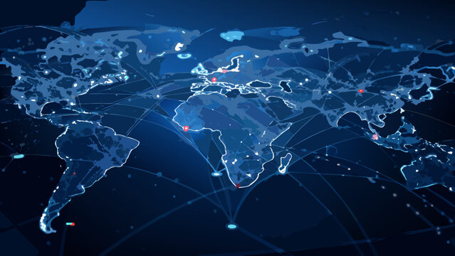 World map with glowing interconnected nodes and data streams depicted in a blue vector illustration abstract world map aerial view