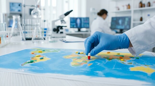 Scientist placing pills on a world map. Global medicine distribution and healthcare logistics.