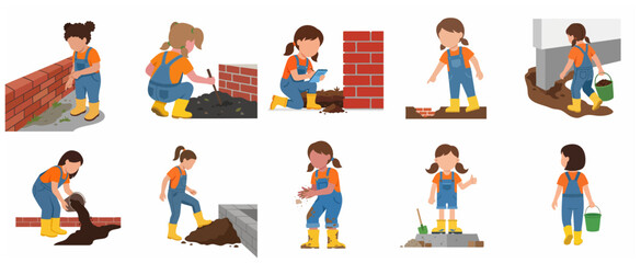 Fototapeta premium Set of flat illustrations showing young girls in overalls and yellow boots working at a construction site, building walls and digging