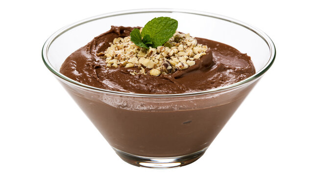 Chocolate mousse dessert with nuts and mint leaf in glass bowl