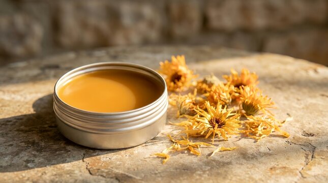 Herbal healing salve in metal tin. Organic calendula ointment for natural skin care treatment.