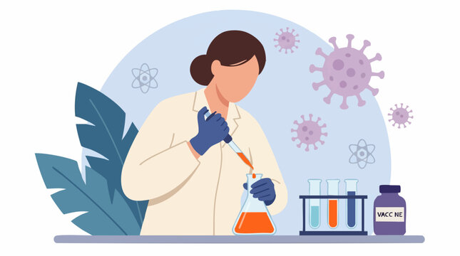 Female scientist developing a vaccine in a laboratory, medical research illustration