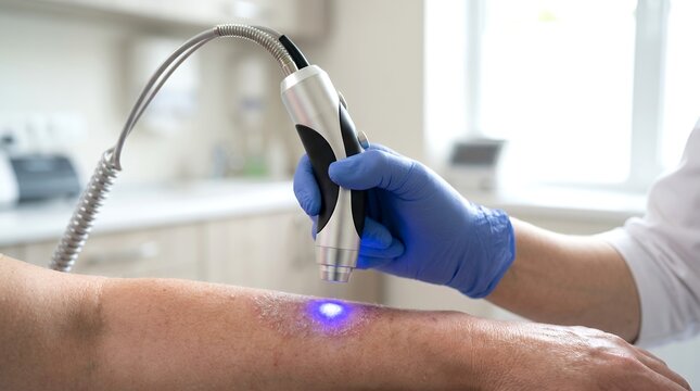 Dermatologist performing laser skin therapy. Doctor using medical light device for treatment.