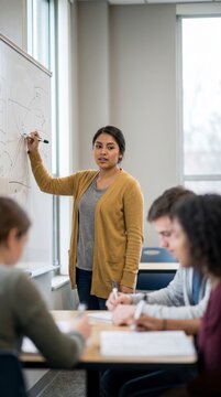 Confident instructor explaining diagram on whiteboard to attentive university students