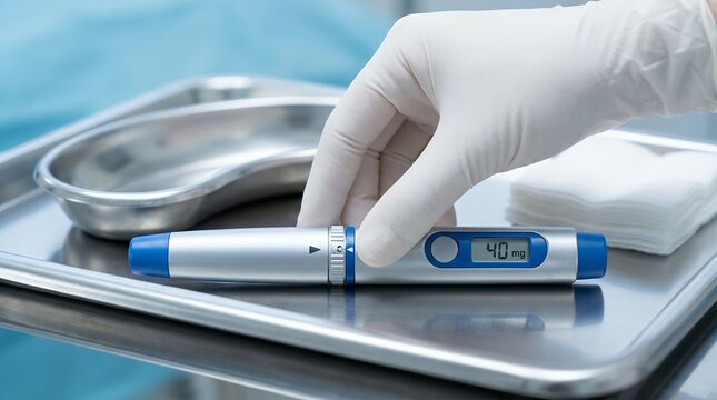 Doctor adjusting insulin pen dosage. Medical professional preparing auto-injector for patient.