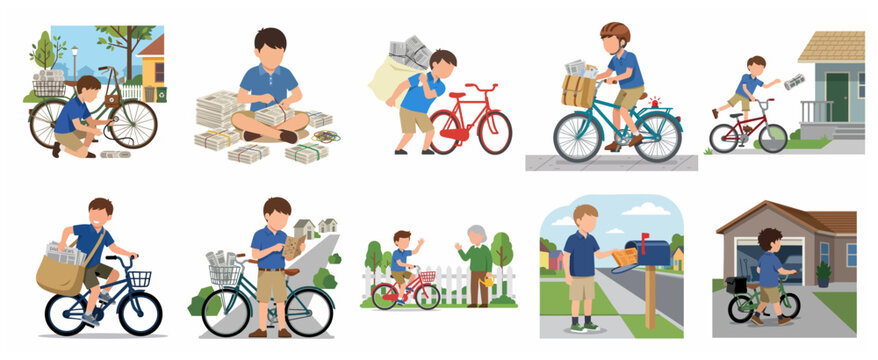 Paperboy Delivery Boy Set Delivering Daily Newspapers on Bicycle in Neighborhood