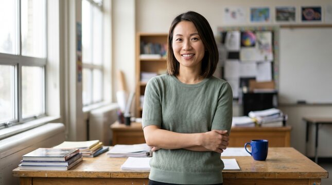 Approachable educator standing with crossed arms in sunlit primary classroom