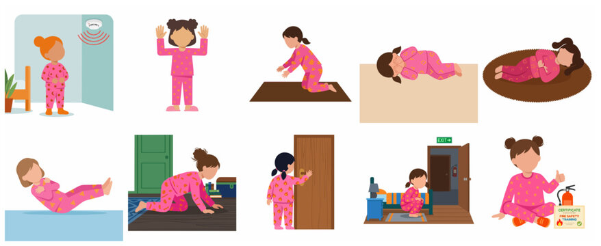 Fire safety education for children set featuring a girl demonstrating emergency procedures like stop drop and roll, crawling under smoke, and checking doors for heat.