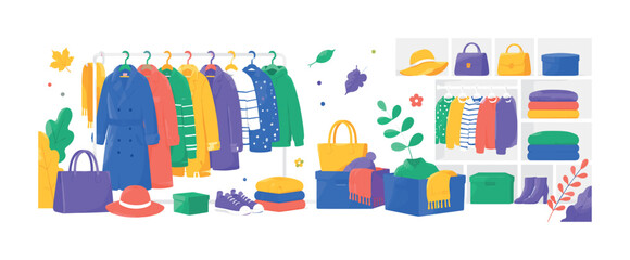 Fototapeta premium Organized Wardrobe Season, bright colorful flat vector banner with organized clothes rack, hanging coats, shirts, hangers, accessories, tidy closet shelf, seasonal fashion storage, autumn and spring