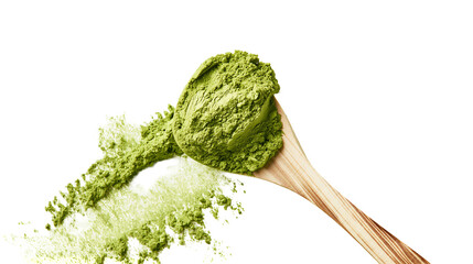 Wooden spoon with green matcha powder spilled © darietta