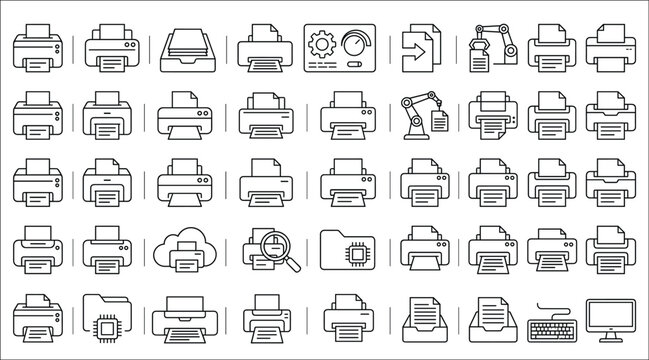 Collection of professional printer and document management line icons for office workflow and digital technology