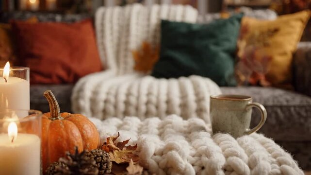 Cozy autumn living room scene with lit candles, pumpkins, pinecones, autumn leaves, and a warm mug of tea on a chunky knit blanket, inviting atmosphere