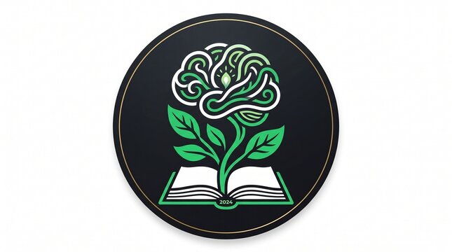 Creative knowledge and education icon featuring a brain flower growing from an open book inside a badge