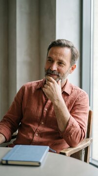 Thoughtful mature man reflecting beside window with notebook in calm interior