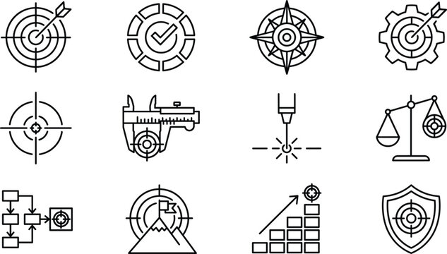 Precision and target line icons collection for business strategy, goal achievement, and accurate measurement