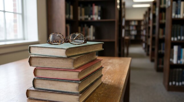 Stack of worn hardcover books with reading glasses in quiet library aisle