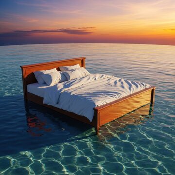 surreal bed floating ocean sunset dreamlike scene