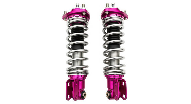Two pink car suspension coilover shock absorbers for sport vehicle tuning isolated on transparent background
