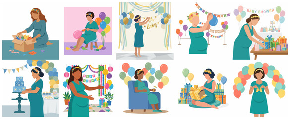 Fototapeta premium Pregnant Woman Baby Shower Illustration Set with Mother-to-be Decorating, Opening Gifts, and Celebrating with Balloons and Party Accessories in Flat Style