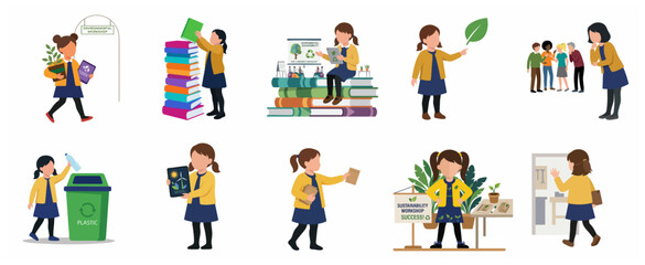 Fototapeta premium Collection of illustrations of a young girl student engaged in environmental sustainability activities, recycling, and eco-friendly education workshops.