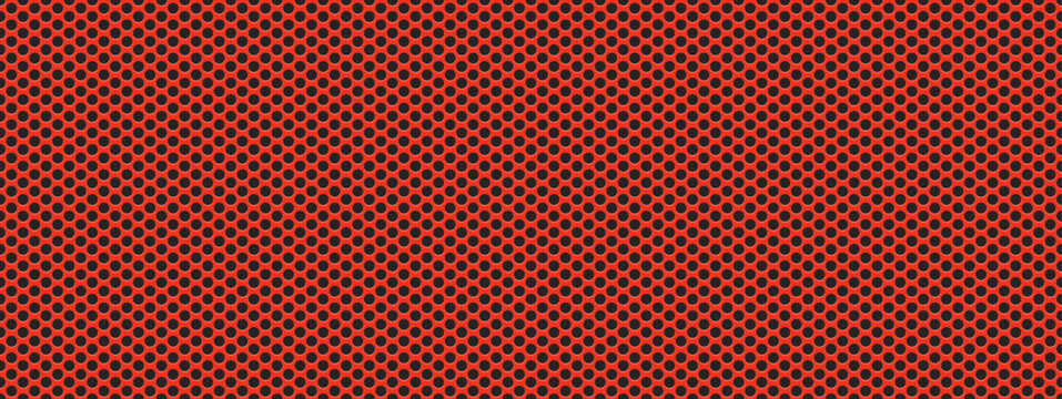 Red perforated metal seamless pattern with round black dots. Grill texture with circular holes. Pegboard bg.