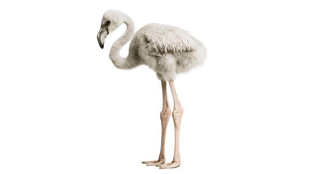 Flamingo chick with fluffy grey down feathers and long legs