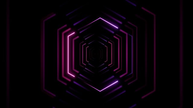 Futuristic glowing purple neon hexagon tunnel background