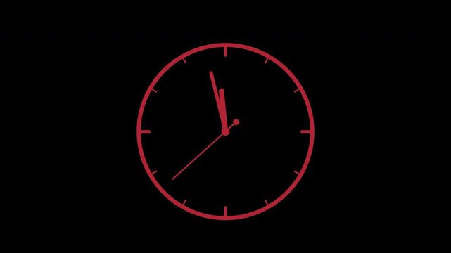 New Year countdown clock with ticking hand approaching midnight, red Christmas transparent overlay, seamless loop animation