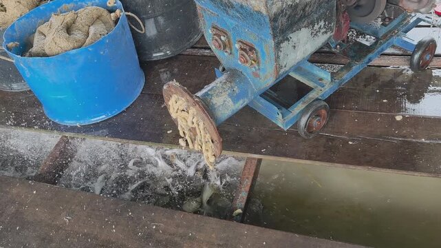 Fish feed machine operating as fresh feed is dispensed to pangasius at floating fish farm in Mekong Delta, Vietnam