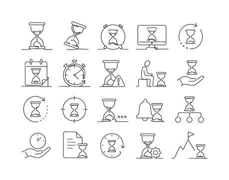 Hourglass Deadline Time, one-line drawing set, create 20 minimal continuous single-line icons of hourglass, sandglass timer, countdown, deadline, waiting duration, passing time, productivity schedule,