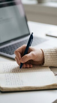 Close up of hand writing notes in journal beside laptop during study session