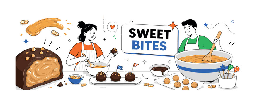 Peanut Butter Chocolate Bites ? clean editorial banner scene with 2 geometric home bakers making peanut butter chocolate snack bites, one oversized chocolate-coated bite cut open from lower left edge