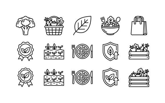 Collection of icons representing healthy eating, organic farming, and fresh produce