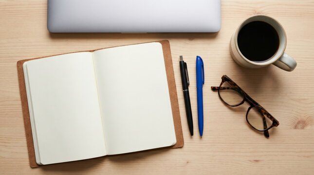 Top view of laptop journal pens glasses and coffee on light wooden workspace