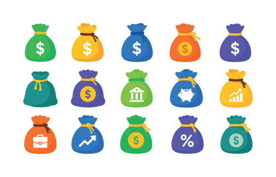 Money Bag Finance bright colorful flat vector icon set, 15 isolated object icons showing money bag, dollar sack, coin bag, cash sack, treasure bag, finance pouch, salary bag, bank savings bag, profit